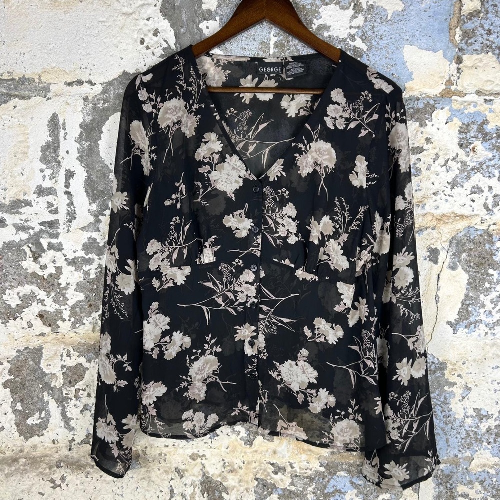 George Floral Chiffon Y2K Blouse Womens L Black Cement V-Neck Button Front